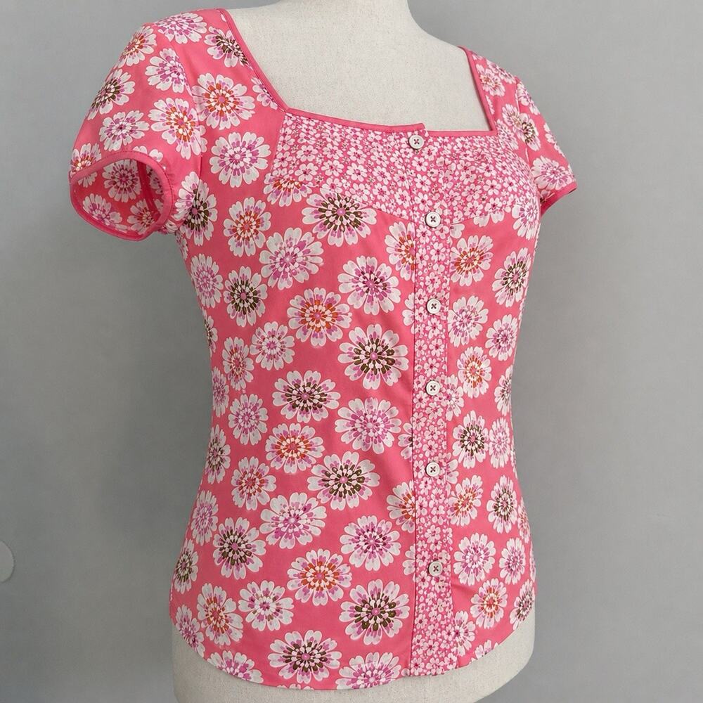 Boden Pink Floral Square Neck Blouse Fitted Cotton Button Front Feminine US 6